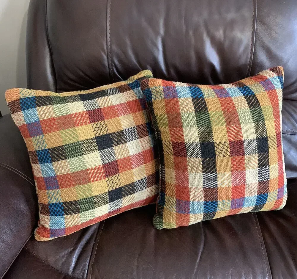 2 Vtg Retro Orange multi Plaid Throw Pillows 60s 70s Funky Mod boho rustic cabin